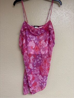 Floral Pink Slip Tank Top with Ruffle Neckline